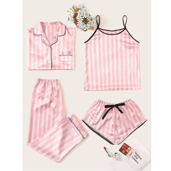 Rouge! Other - Satin Pink Stripes 4 Piece Pajamas Set